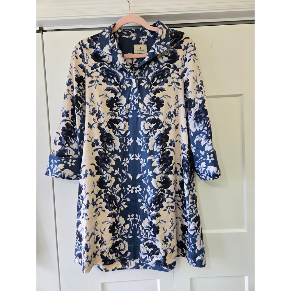 Tuckernuck Royal Shirt Dress Blue Cream Floral Toile 3/4 Sleeve Small